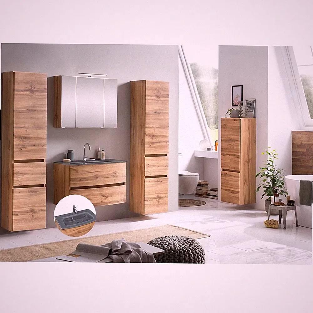 Badmöbel Set Badezimmer Waschtisch Glasbecken LED Spiegelschrank Seitenschrank