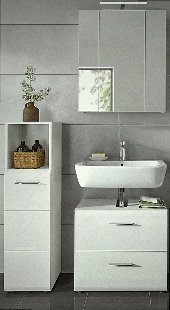 Badmöbel Set Badezimmer weiß Hochglanz 3-teilig mit Spiegelschrank Kommode Cover