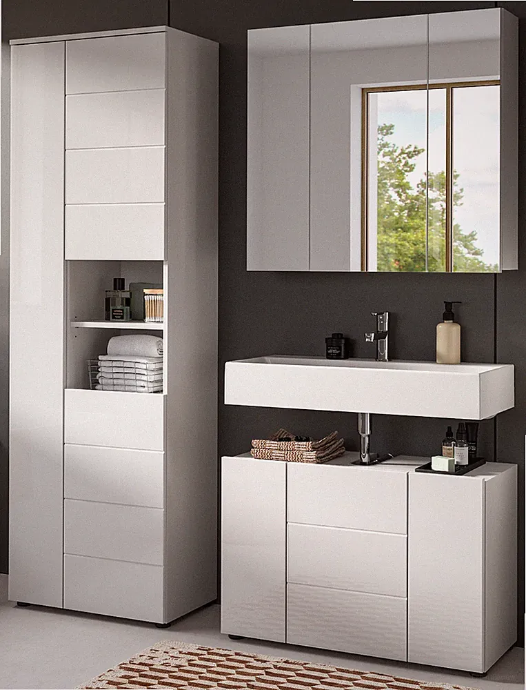 Badmöbel Set Badezimmer weiß Hochglanz Schrankset Hochschrank Beleuchtung Larik