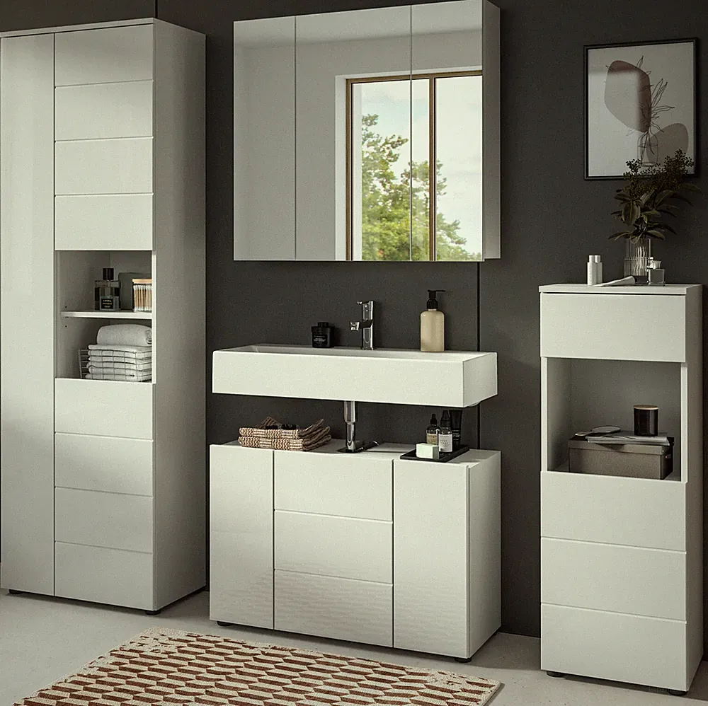Badmöbel Set Badezimmer weiß Hochglanz Schrankset mit viel Stauraum 210 cm Larik