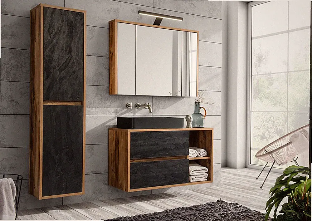 Badmöbel Set Badezimmermöbel | Waschtisch mit Becken Spiegelschrank eiche-beton