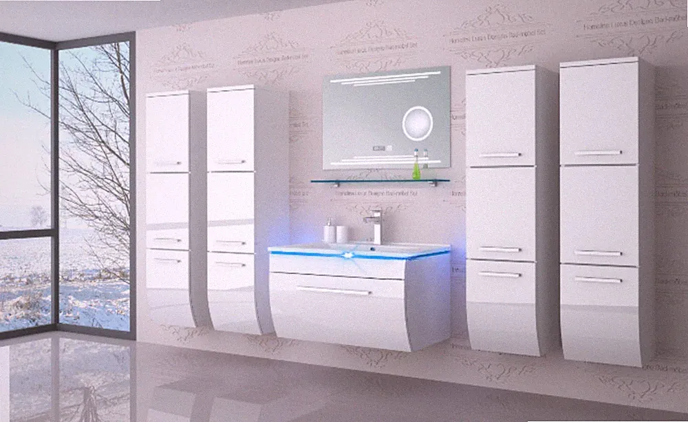Badmöbel Set Badezimmerset Badmöbel weiß schwarz Hochglanz montiert LED Kosmetik