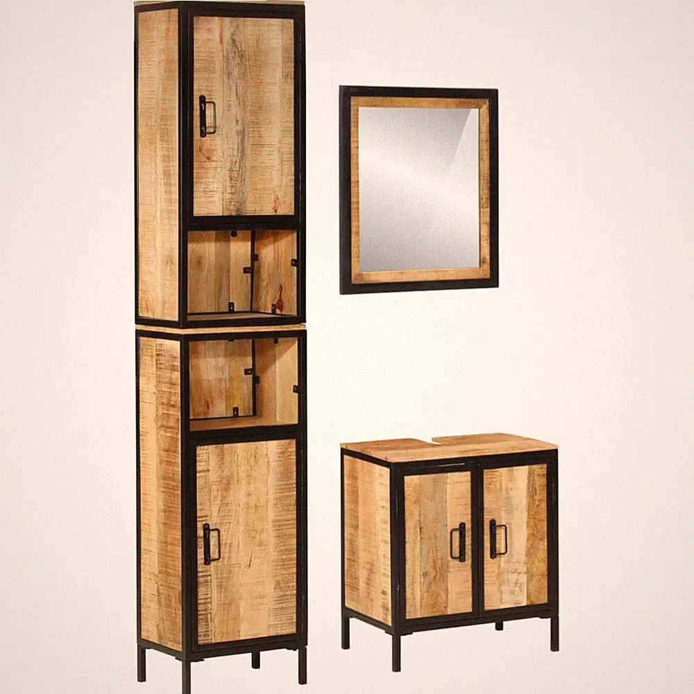 Badmöbel Set Badschrank Unterschrank Badspiegel 3-tlg. Eisen Massivholz vidaXL