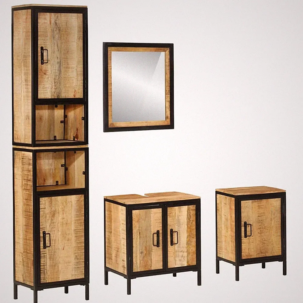Badmöbel Set Badschrank Unterschrank Badspiegel 4-tlg. Eisen Massivholz vidaXL