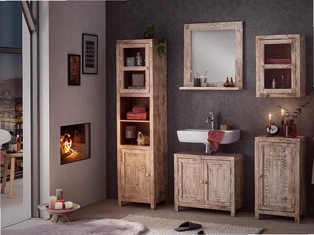 Badmöbel Set Bitna 5teilig Mango weiß rustikal Wandschrank Badschrank Holz Möbel