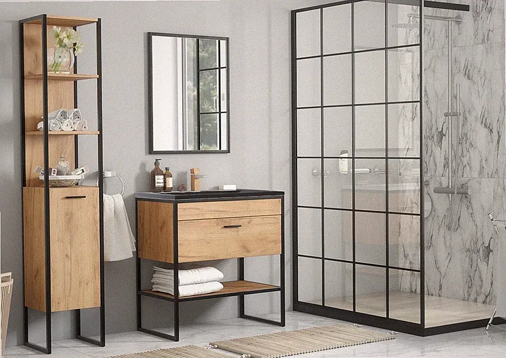 Badmöbel-Set Brooklyn 3-teilig | 80cm Stand-Waschplatz | Industrial | Goldeiche