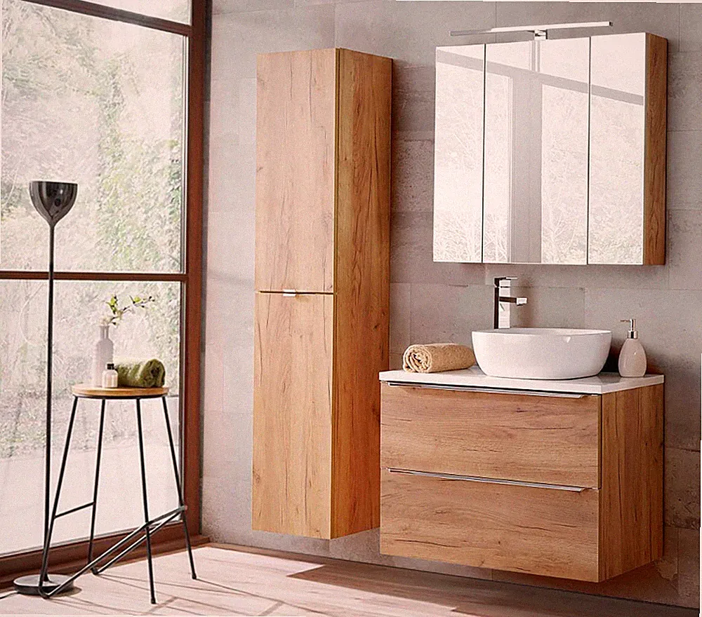 Badmöbel Set CAPRI 80cm 3-tlg. | Waschtisch, Hoch- & Spiegelschrank | goldeiche