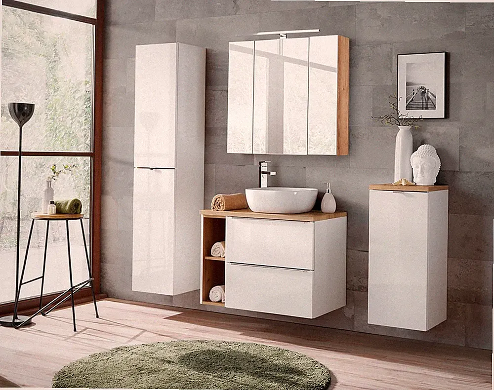 Badmöbel Set CAPRI 80cm 4-tlg. | Waschplatz, Spiegelschrank usw. | weiß-eiche