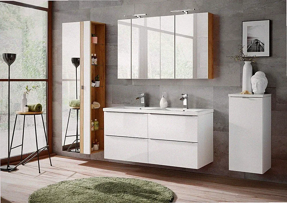 Badmöbel Set CAPRI WEISS HOCHGLANZ 120 cm mit Doppelwaschbecken MONTIERT