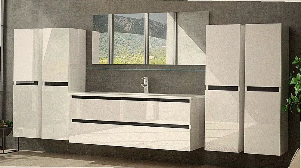 Badmöbel Set Design Weiss Hochglanz Badezimmermöbel 120 cm bis 8tlg Bad Möbel
