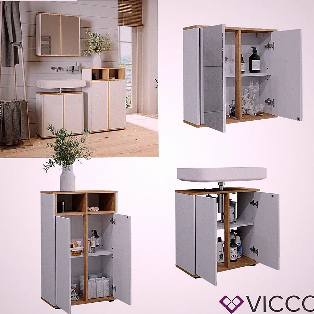 Badmöbel-Set Didi Weiß Eiche 3 Teile Midischrank mit 2 Türen Vicco