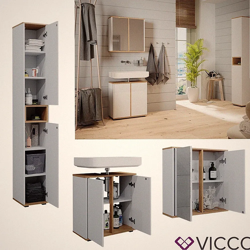 Badmöbel-Set Didi Weiß Eiche 3 Teile mit Hochschrank Vicco