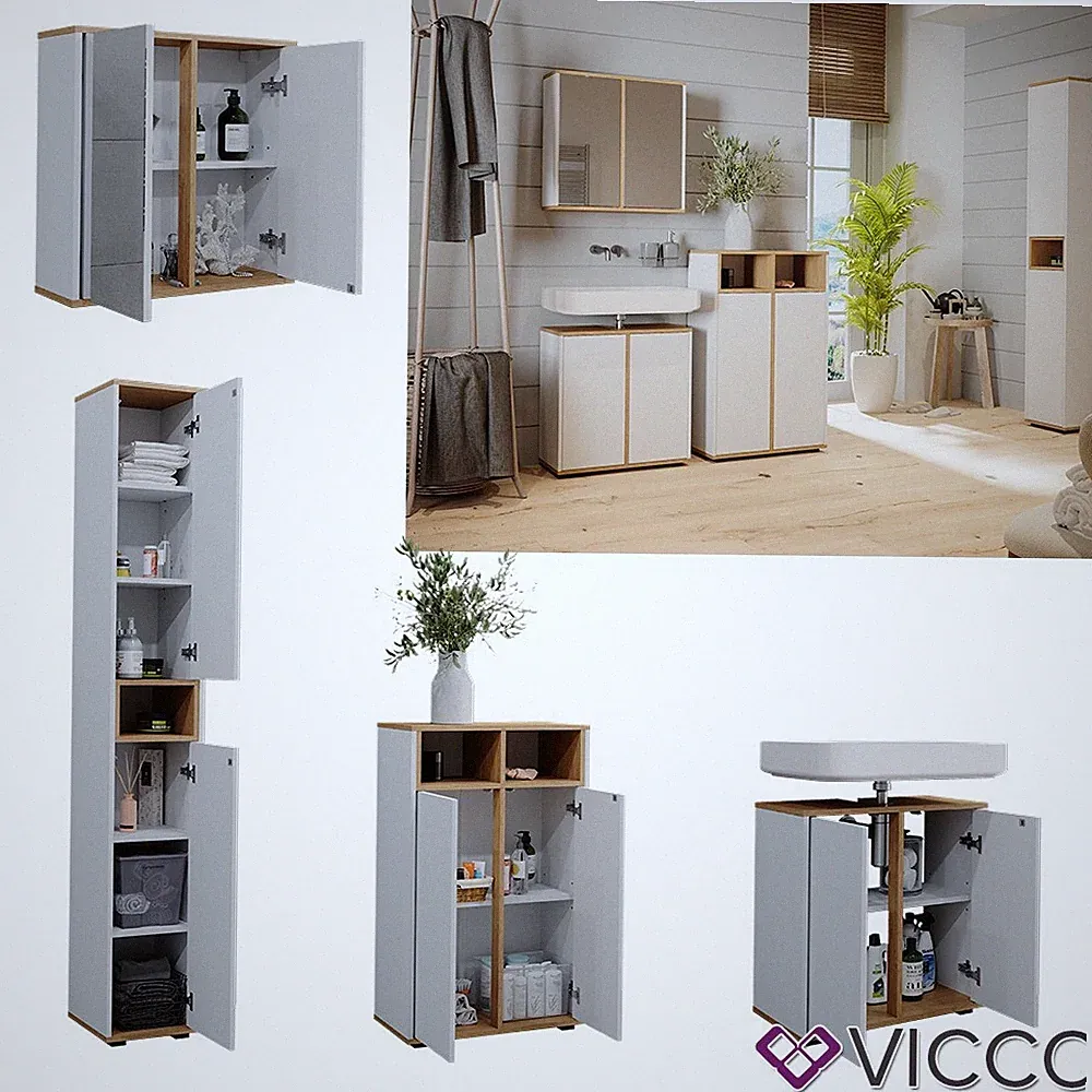 Badmöbel-Set Didi Weiß Eiche 4 Teile Hochschrank Midischrank mit 2 Türen Vicco