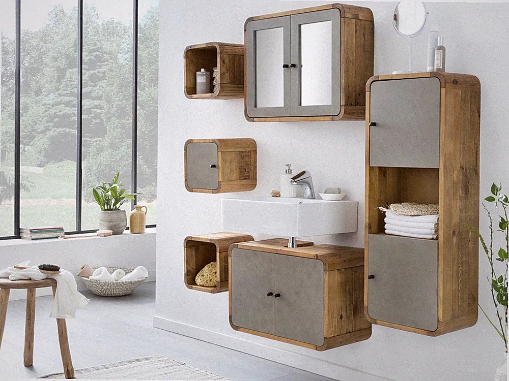Badmöbel Set Dingle Holz Pinie Beton Optik grau 6tlg. Badschränke Spiegelschrank