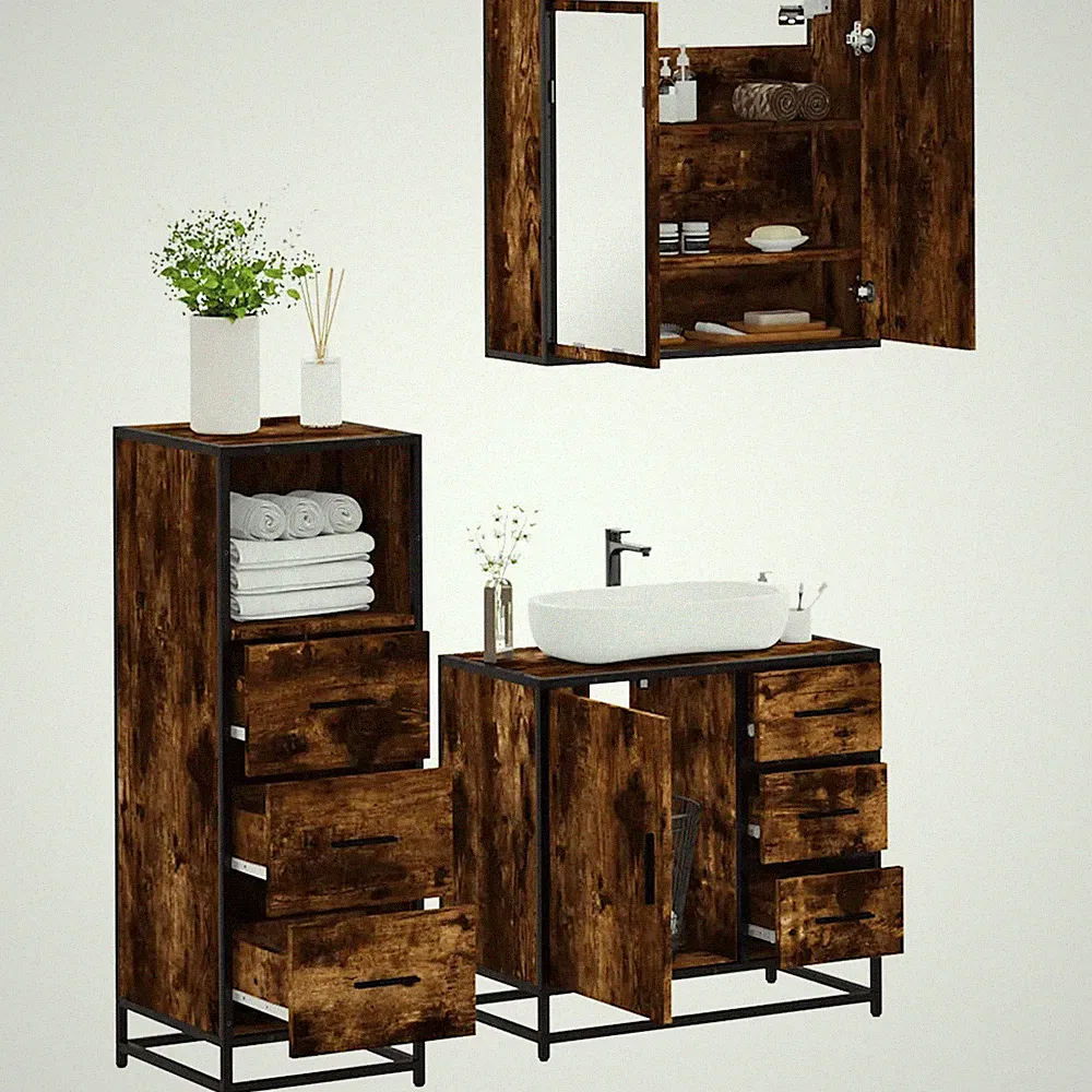 Badmöbel Set dreiteilig Räuchereiche Holzwerkstoff Badezimmermöbel