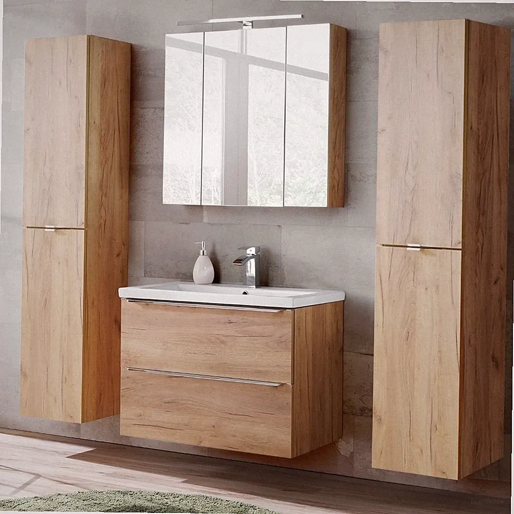 Badmöbel Set Eiche mit 80cm Keramik Waschtisch LED Spiegelschrank Hochschrank