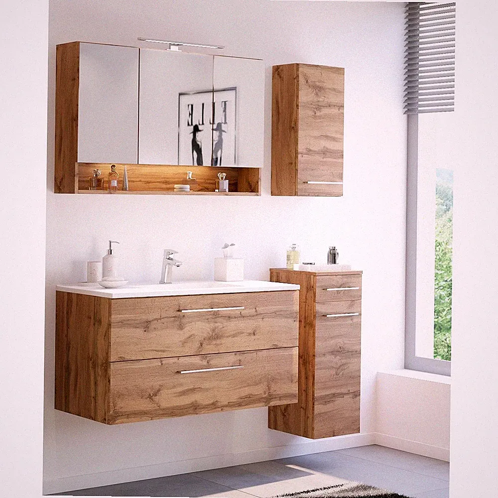 Badmöbel Set Eiche Waschtisch Hängeschrank Unterschrank Spiegelschrank Gäste-WC