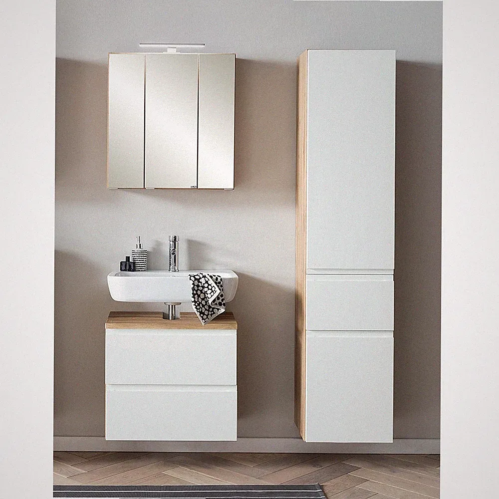 Badmöbel Set Eiche weiß Spiegelschrank Waschbeckenschrank Hochschrank Badezimmer
