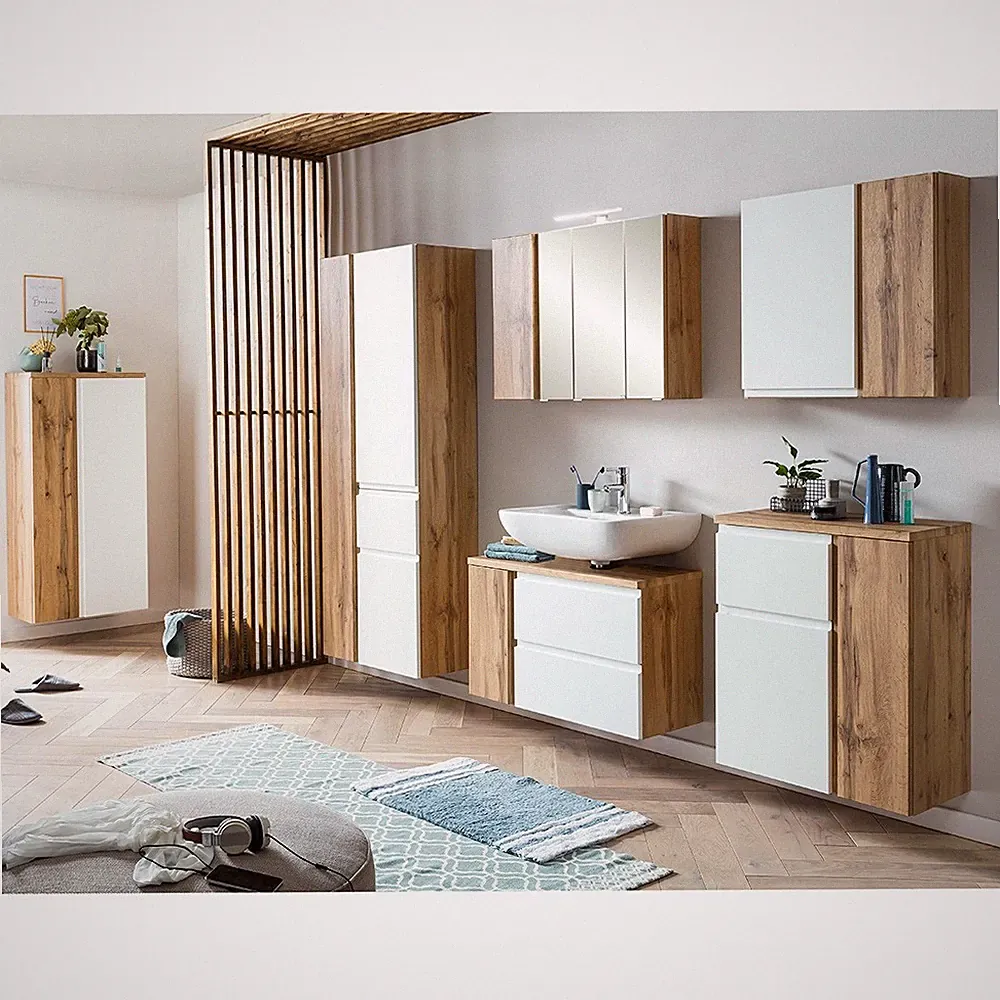 Badmöbel Set Eiche weiß stehend hängend Spiegelschrank Waschbeckenschrank Bad