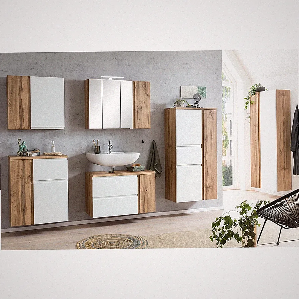 Badmöbel Set Eiche weiß stehend hängend Spiegelschrank Waschbeckenschrank Bad