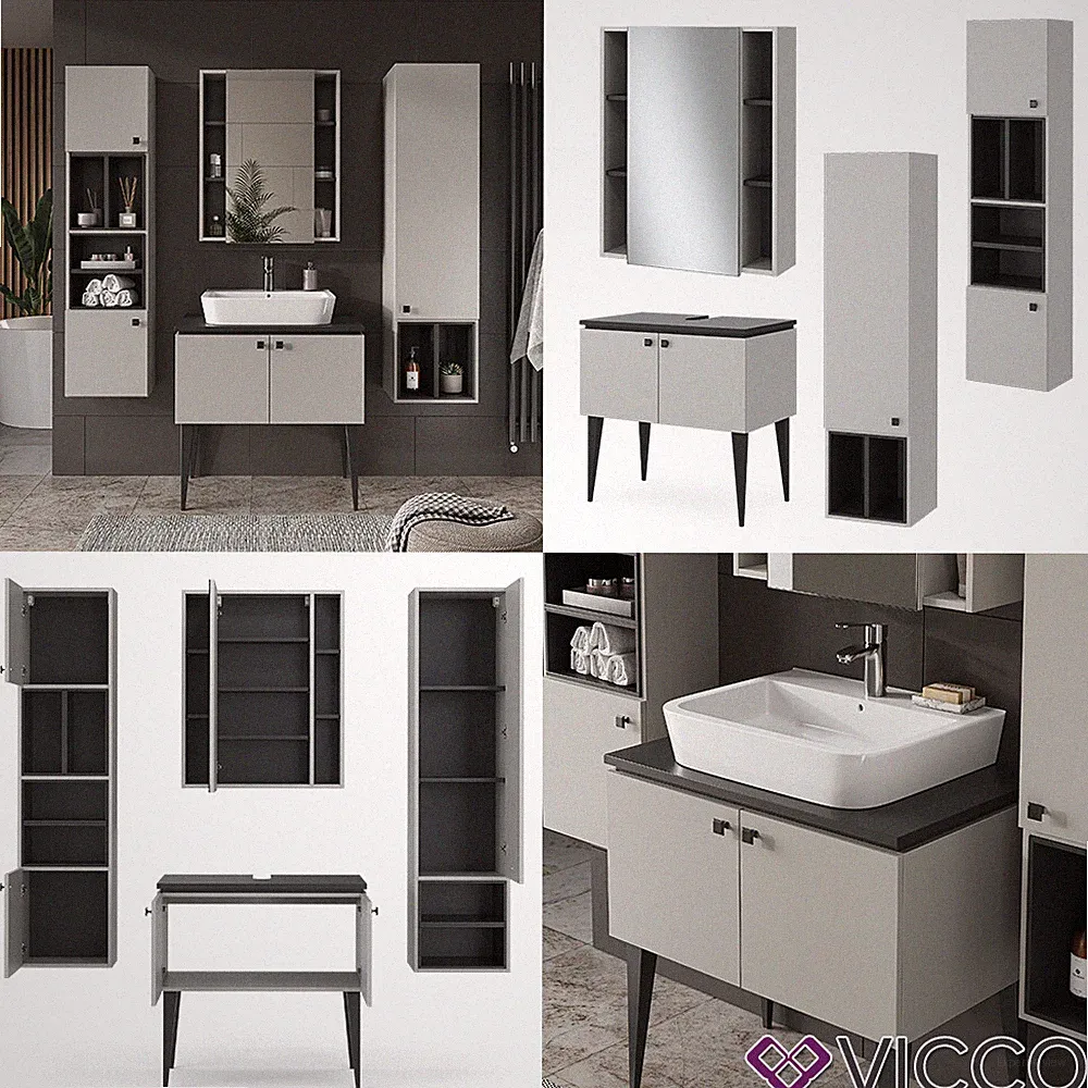 Badmöbel-Set Gerta in Grau-Schwarz, Badezimmer-Set, moderne Badserie Vicco