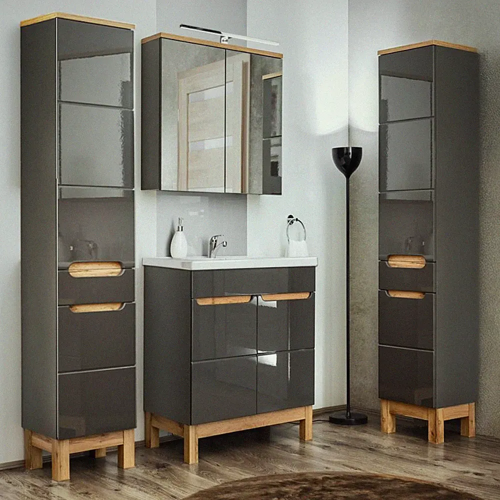 Badmöbel Set grau Hochglanz Waschtisch Waschbecken Spiegelschrank 2 Hochschränke