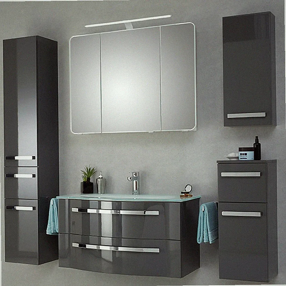 Badmöbel-Set grau Waschtisch Hängeschrank Hochschrank Spiegelschrank Glasbecken