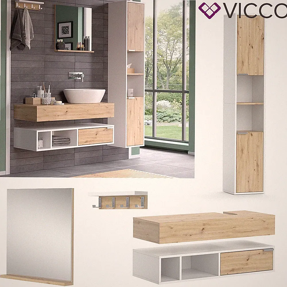 Badmöbel-Set Henri Weiß Artisan, Badezimmer, Badserie Hochschrank Vicco