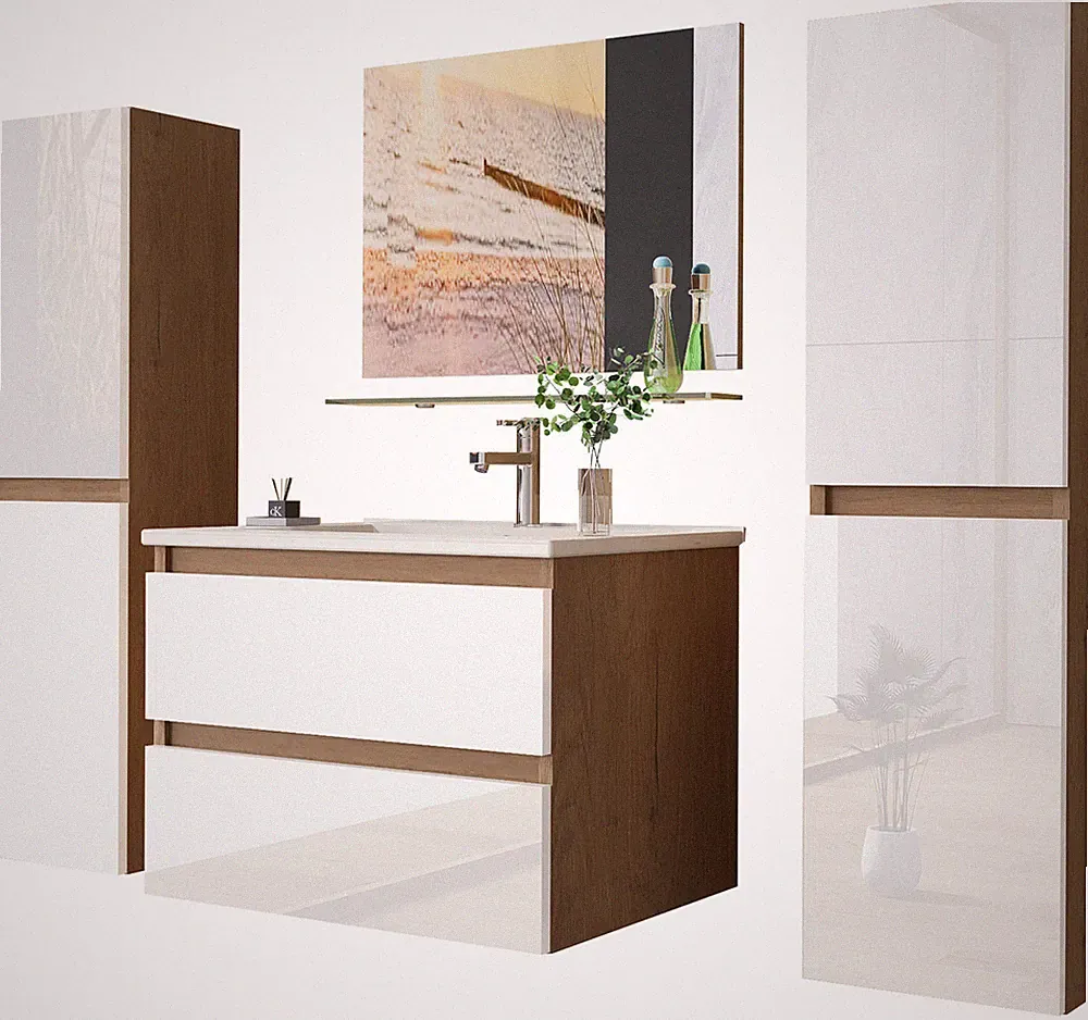 Badmöbel set Hochglanz 6 Tlg eiche / Weis Soft Close Badezimmer Möbel badmöbel