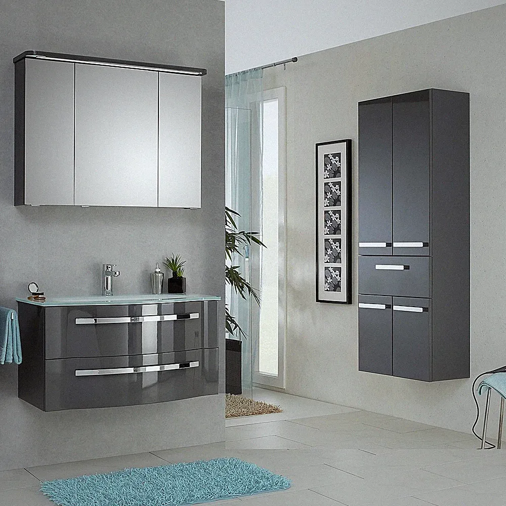 Badmöbel Set Hochglanz grau 92cm Glas-Waschtisch LED Spiegelschrank Hochschrank