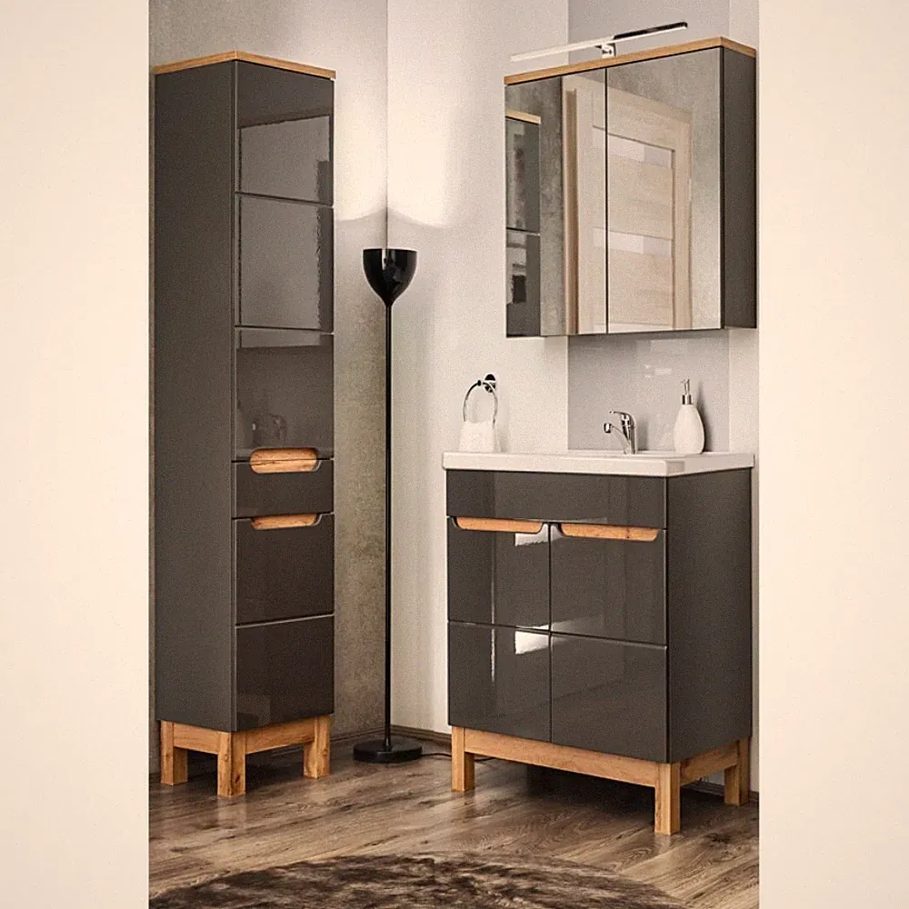Badmöbel Set Hochglanz grau Waschtisch LED Spiegelschrank Hochschrank Gäste WC