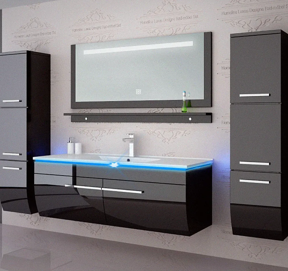 Badmöbel set hochglanz Schwarz Badmöbel Set montiert Touch Led System 120 cm Bad