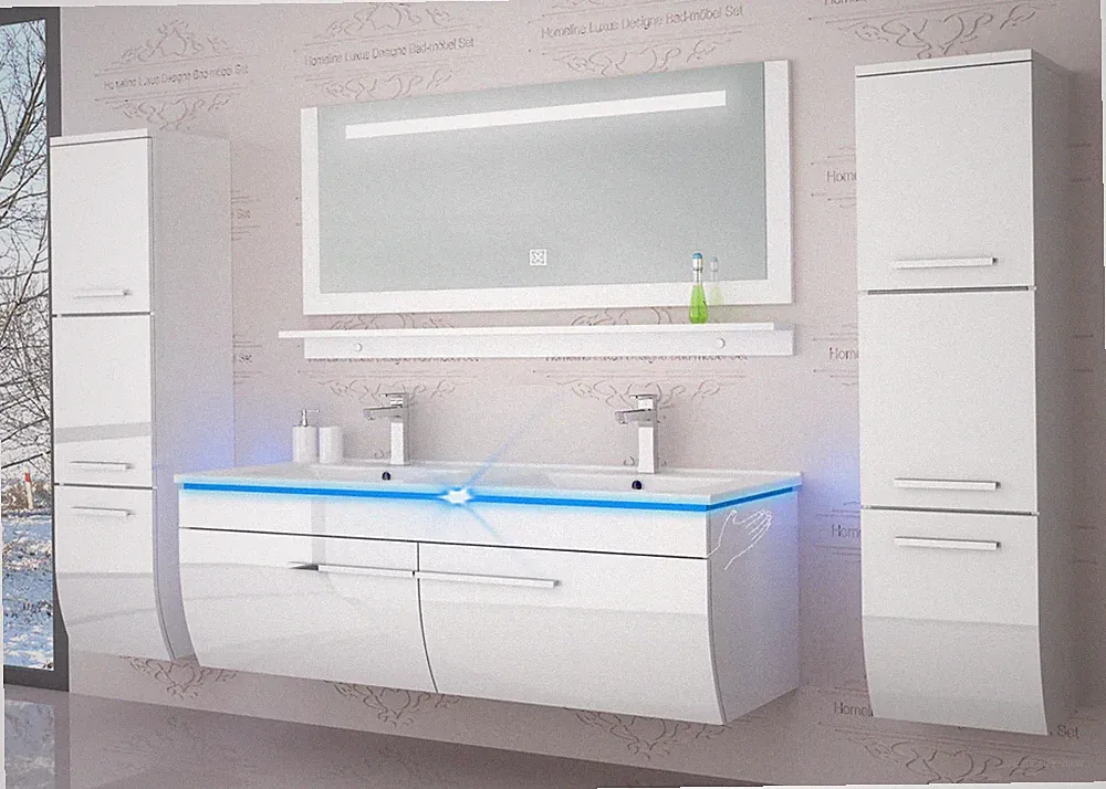 Badmöbel set hochglanz Weiß Doppelwaschtisch montiert Touch Led System 120 cm