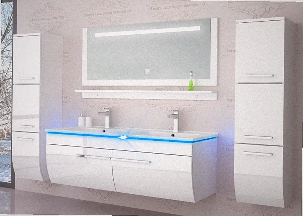 Badmöbel set hochglanz Weiß Doppelwaschtisch montiert Touch Led System 120 cm