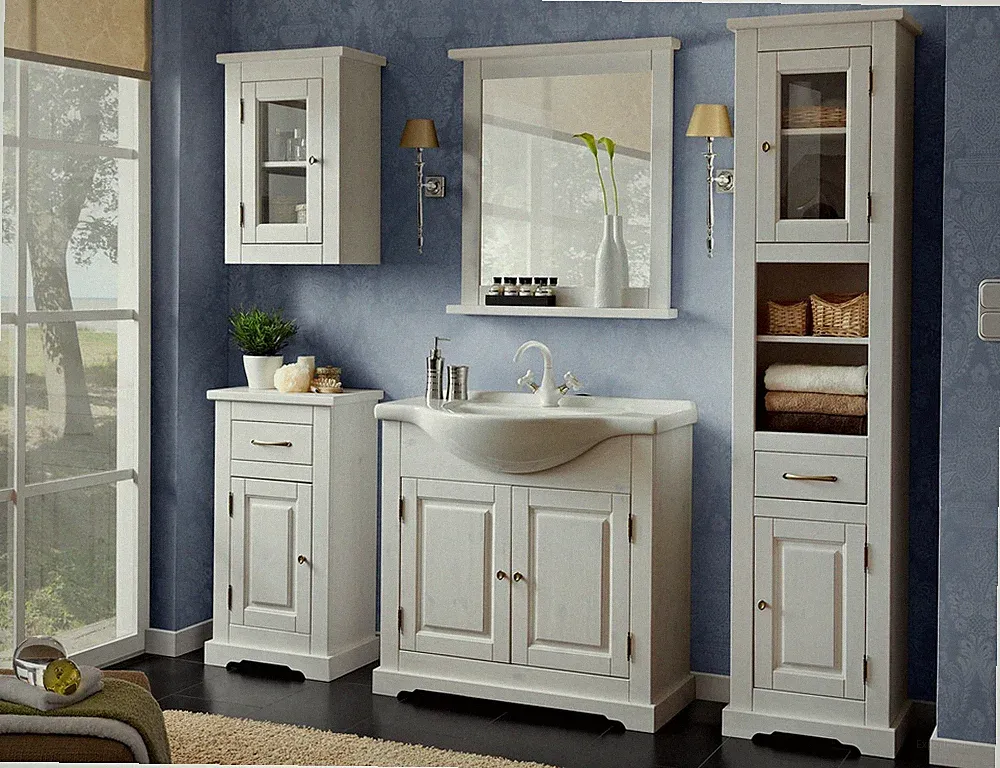 Badmöbel Set I ROMANTIK 85 cm I mit Waschbecken I Keramik I MASSIVHOLZ I WEISS
