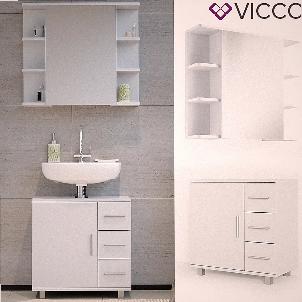 Badmöbel Set ILIAS Weiß - Bad Spiegel Kommode Unterschrank Badschrank VICCO