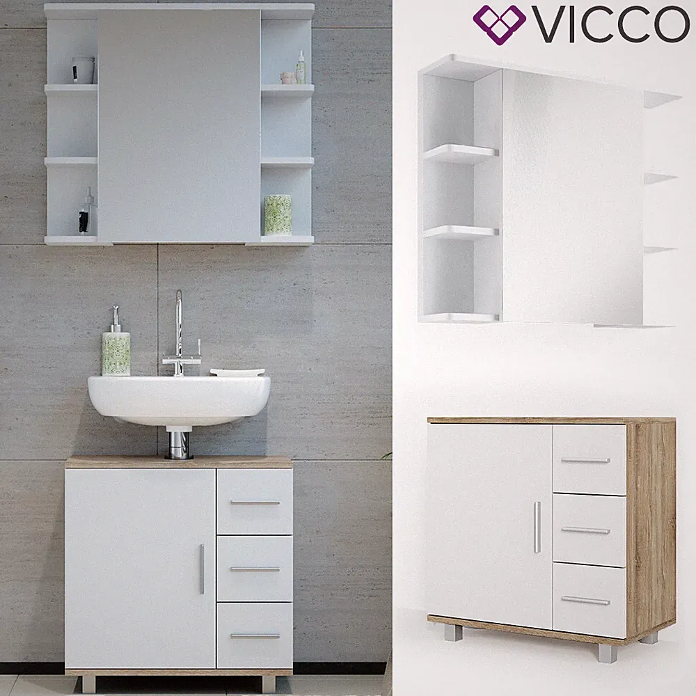 Badmöbel Set ILIAS Weiß Eiche Bad Spiegel Kommode Unterschrank Badschrank VICCO