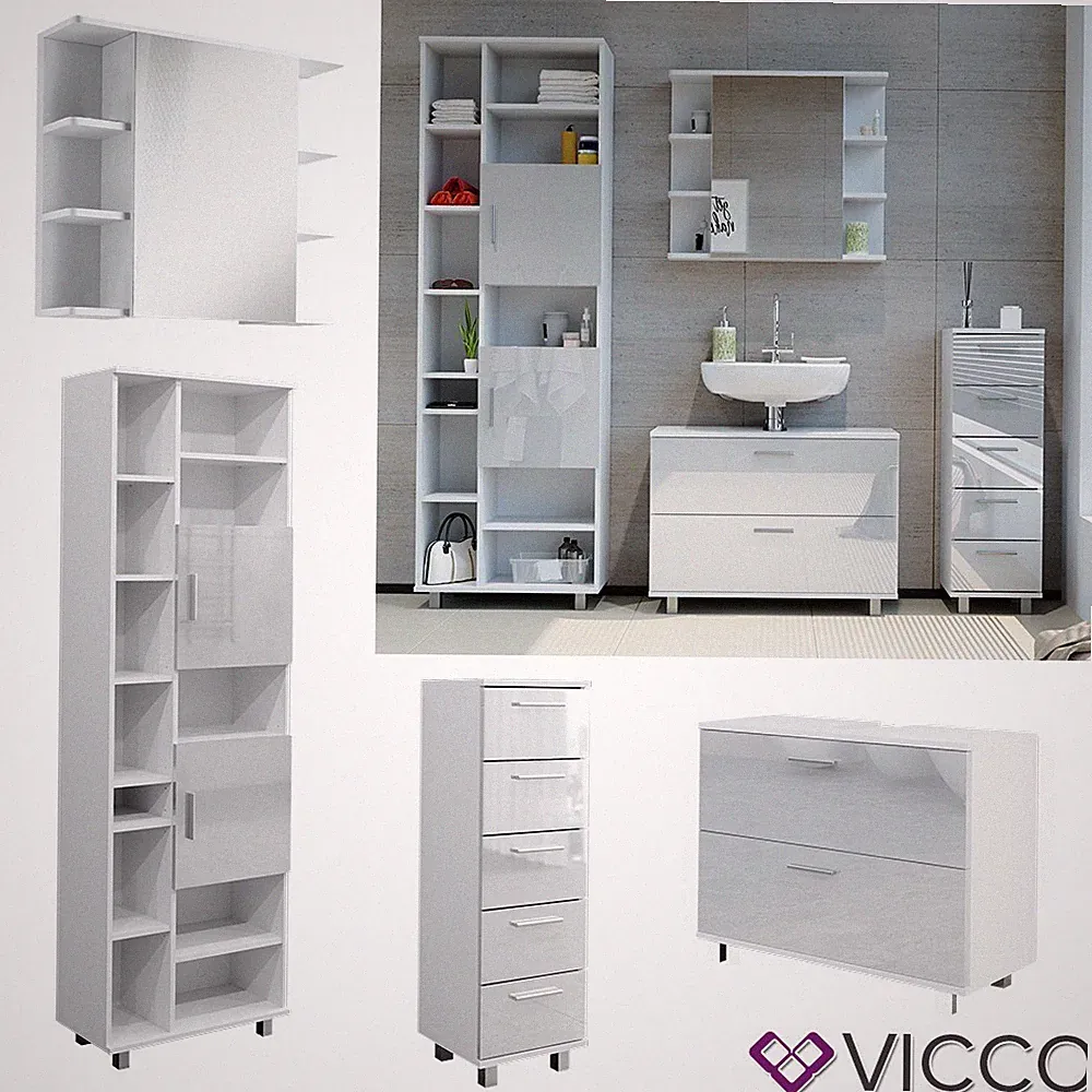 Badmöbel-Set Ilias Weiß Hochglanz Midischrank Hochschrank Spiegelschrank Vicco