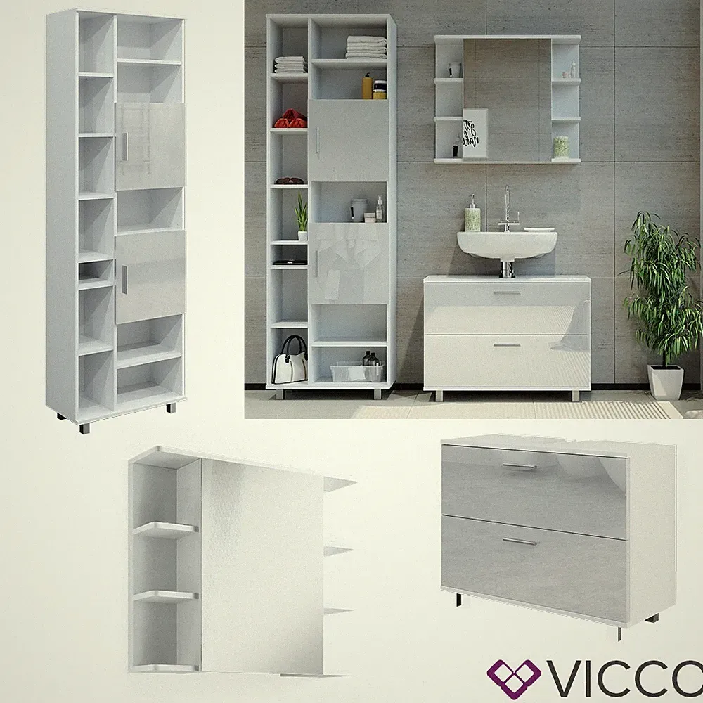 Badmöbel-Set Ilias Weiß Hochglanz Midischrank Hochschrank Vicco