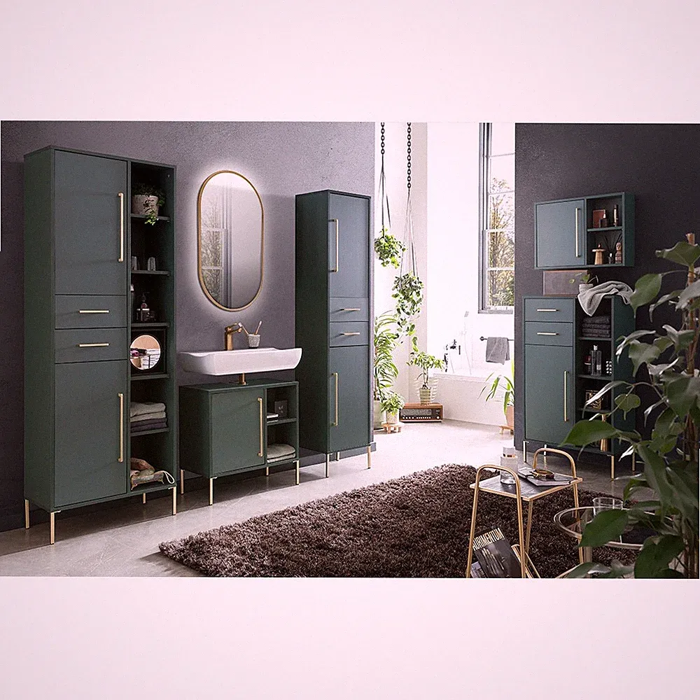 Badmöbel Set in waldgrün inkl. Beleuchtung Highboard Hochschrank Unterschrank