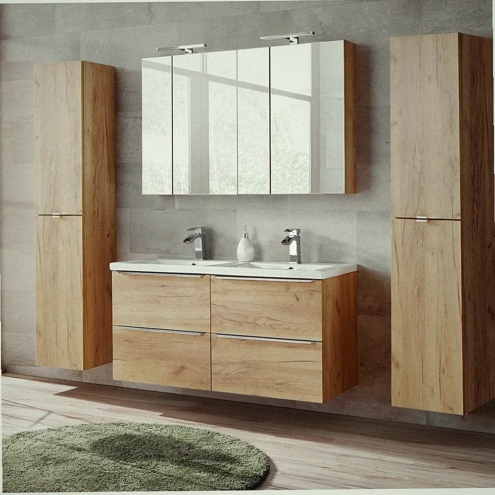 Badmöbel Set in Wotaneiche mit 2 Spiegelschränken, 2 Waschtische, 2 Hochschränke