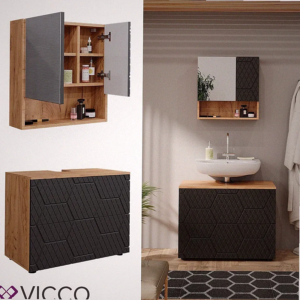 Badmöbel-Set Irma Eiche Anthrazit 2-teilig Waschbeckenschrank 80 cm Vicco
