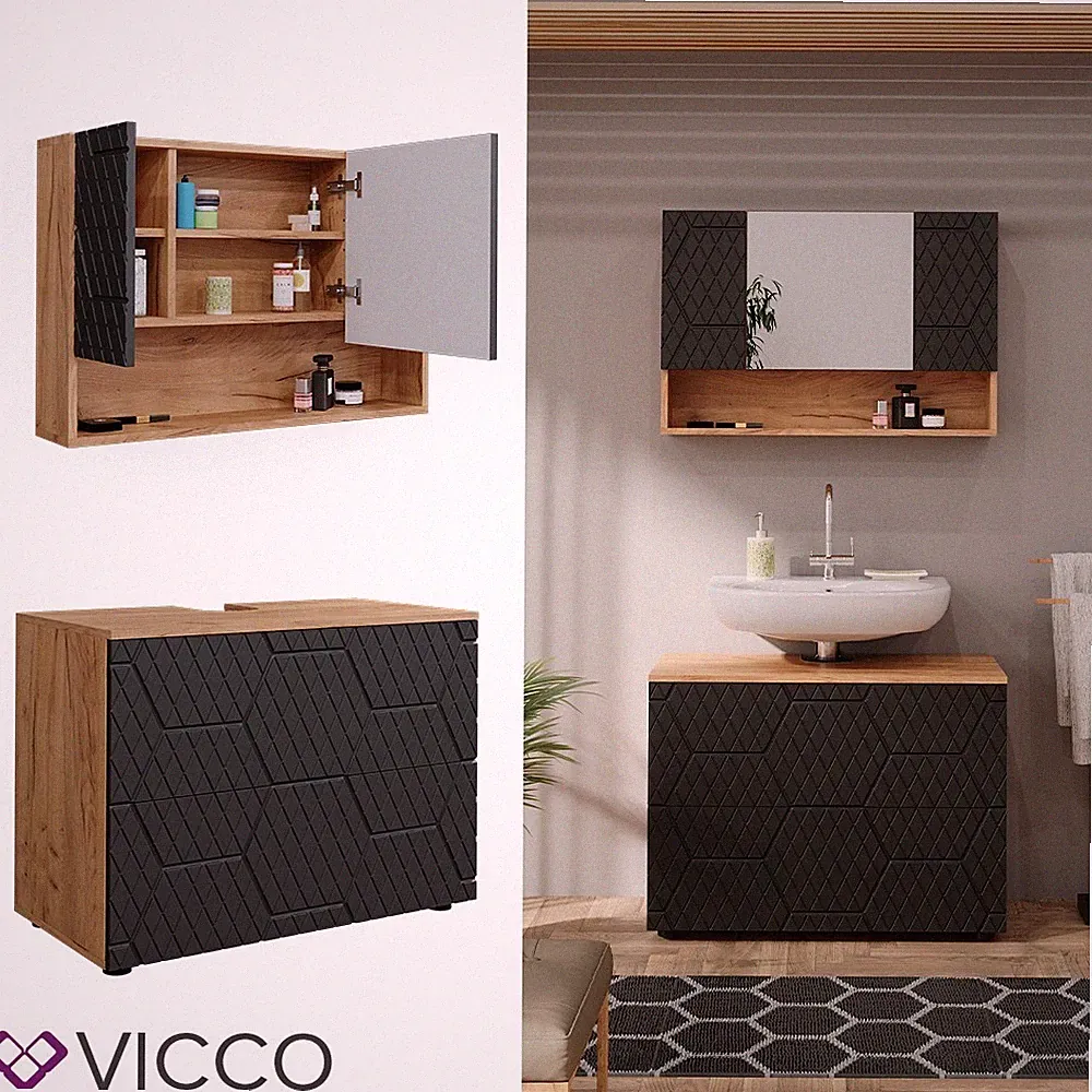 Badmöbel-Set Irma Eiche Anthrazit 2-teilig Waschbeckenschrank 80 cm Vicco