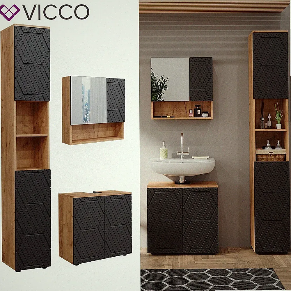 Badmöbel-Set Irma Eiche Anthrazit 3-teilig Hochschrank 60 cm Vicco