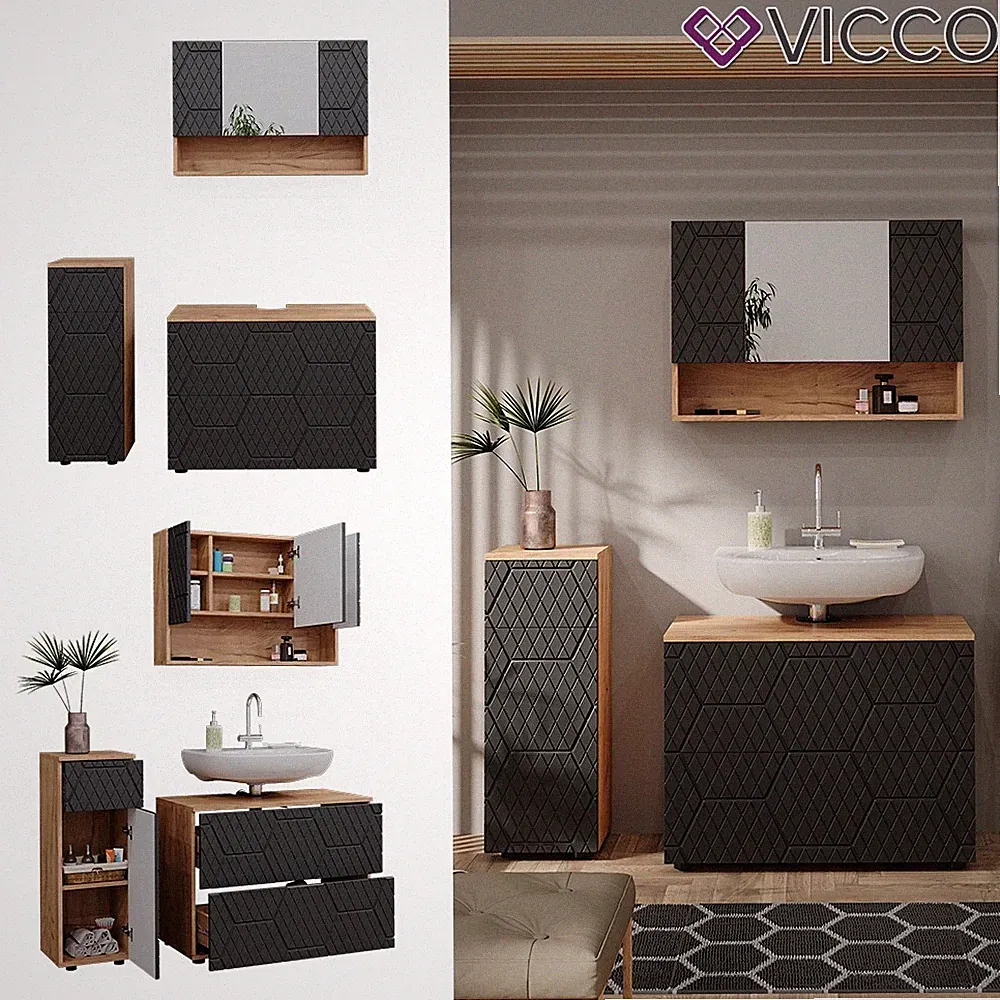 Badmöbel-Set Irma Eiche Anthrazit 3-teilig Midischrank 81 cm Vicco