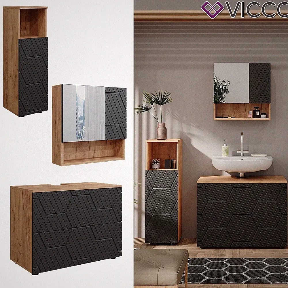 Badmöbel-Set Irma Eiche Anthrazit 3-teilig Midischrank 95 cm Vicco
