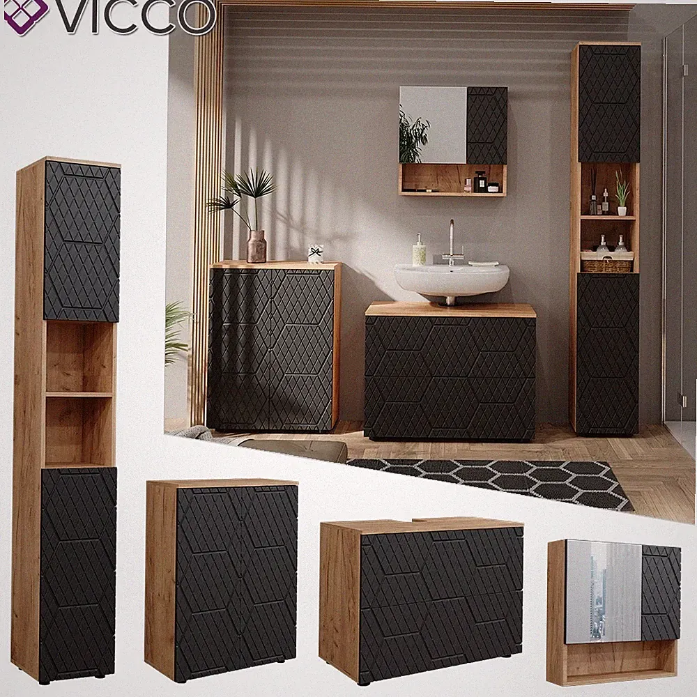 Badmöbel-Set Irma Eiche Anthrazit 4-teilig Hochschrank Kommode Vicco