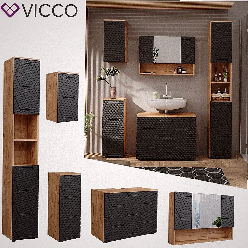 Badmöbel-Set Irma Eiche Anthrazit 5-teilig Hochschrank Midischrank 81 cm Vicco