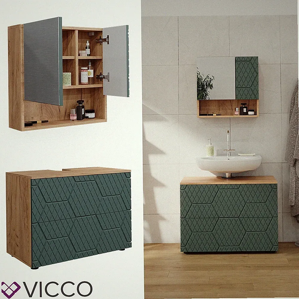 Badmöbel-Set Irma Eiche Grün 2-teilig Waschbeckenschrank 80 cm Vicco