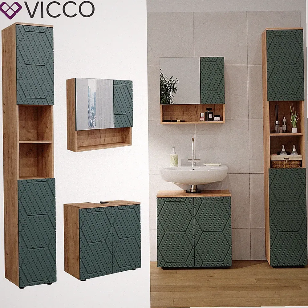 Badmöbel-Set Irma Eiche Grün 3-teilig Hochschrank 60 cm Vicco